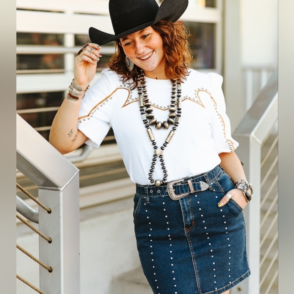 NWT White Studded Western Tee with Embroidered Detail